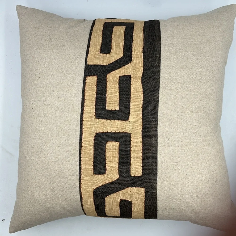 Mjita African Kuba Cloth Raffia Linen Tribal Safari Accent Pillow